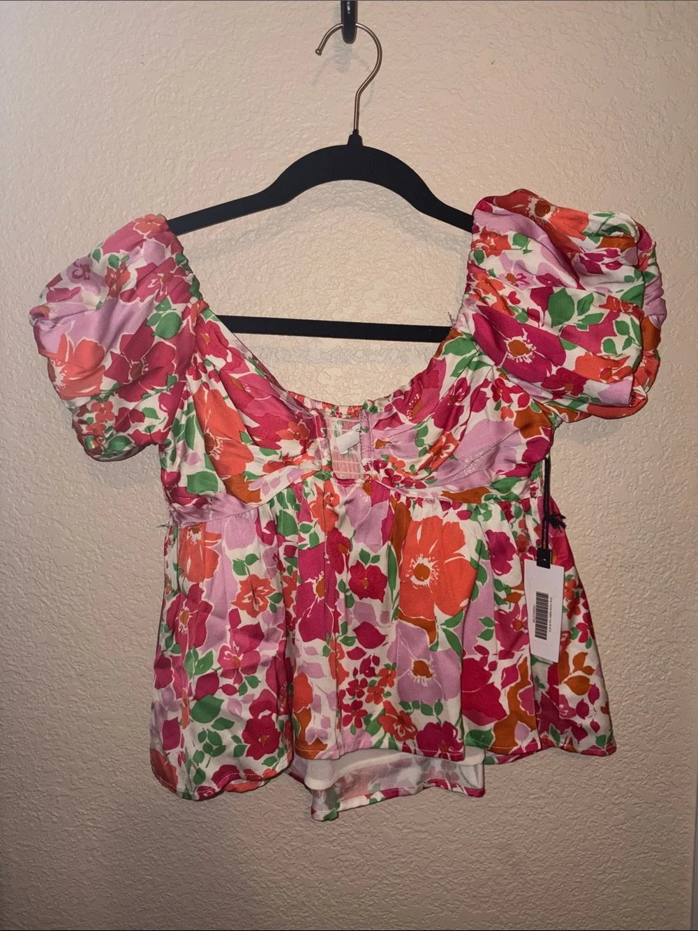 Astr Floral Puff-Sleeve Square Neck Top in Pink, Orange and Green